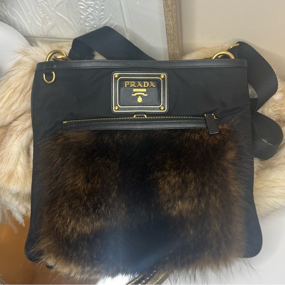 PRADA NYLON SHOLDER/CROSSBODY BLACK BAG WITH FUR DETAIL - Picture 9 of 9